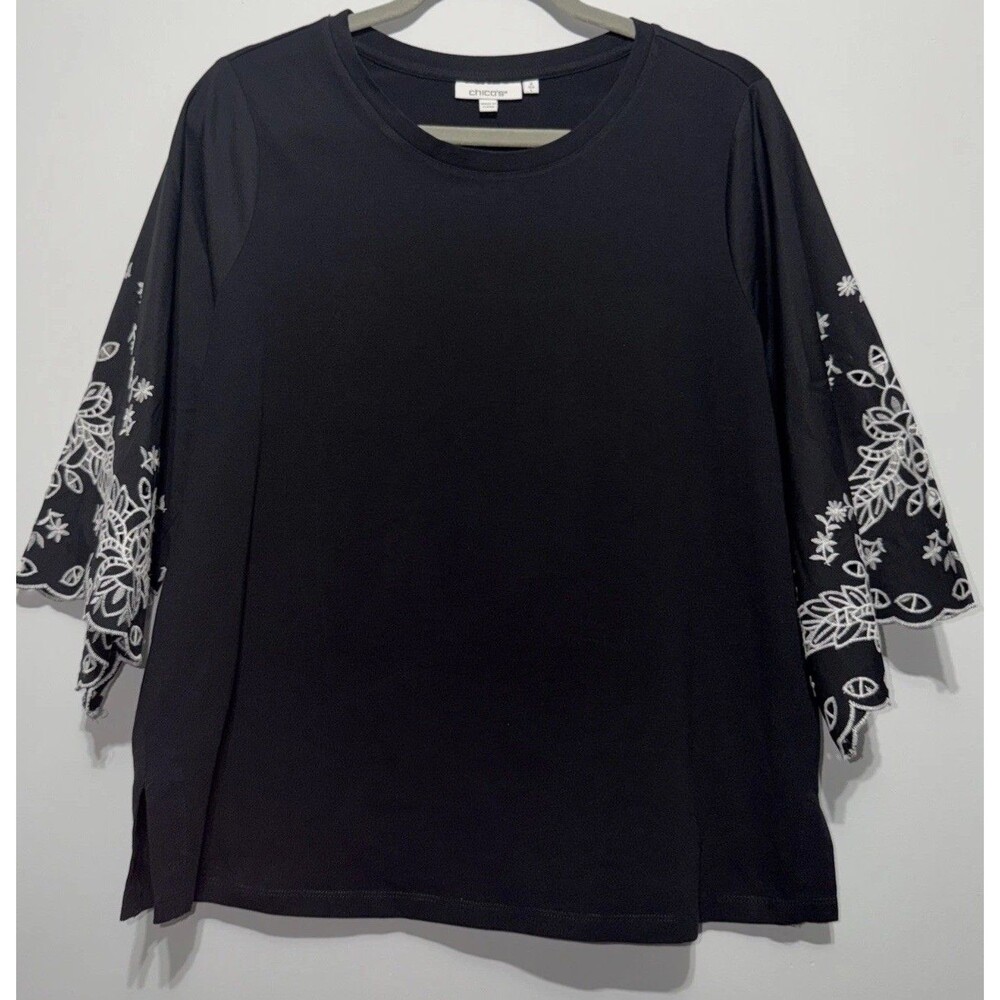 Chico's Blouse Sz 2 Black White Embroidered Bell Sleeves L Cottagecore Chic Top - Picture 2 of 6